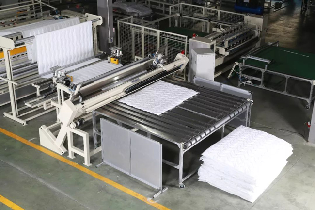 Computerized 
multi-needle rotary hook quilting machine + Automatic four-sided overlock sewing 
machine